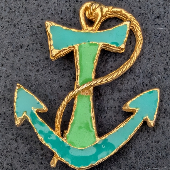 Teal Enamel Anchor Brooch - Picture 6 of 8